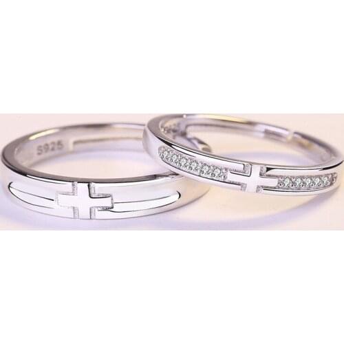 UFOORO Creative S925 Sterling Silver Couple Ring Set Trend Adjustable Jewelry Couple Keeps Cross Open Ring