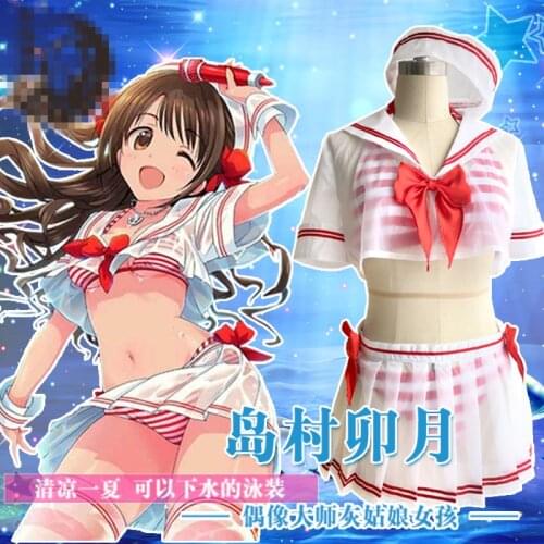 Anime inderella Girls Shimamura Uzuki Cosplay Costume Swimsuit top+skirt+hat+striped swimsuit+Free Shipping D