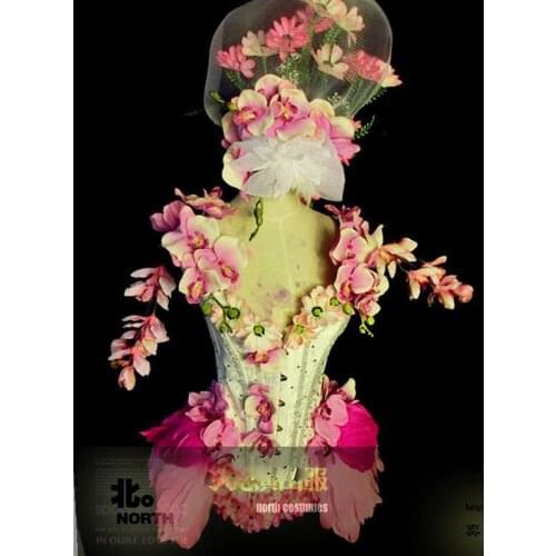 Siamese singer DJ guest Party stage show costume Paradise bar cosplay costumes flowers and birds pink suit
