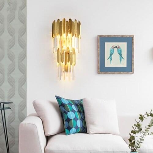 Postmodern Creative Luxury Stainless Steel Crystal Golden Wall Lamp Living Room Background Bedroom Bedside Decorative Lights