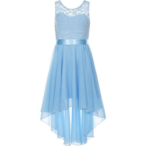 Kids Girls Floral Lace Chiffon Bridesmaid Dress High And Low Party Dress Asymmetrical High Low Pendulum Chiffon Dress