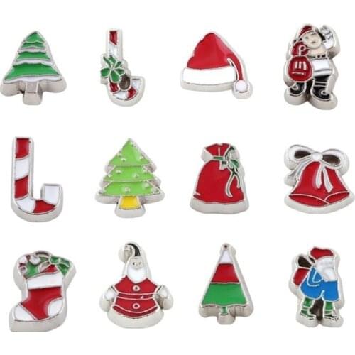 20Pcs/Lot Mix Cute Enamel Christmas Bell Charms Santa Claus Tree Deer Hat Snowman Pendant Fit Glass Locket Necklaces Jewelry