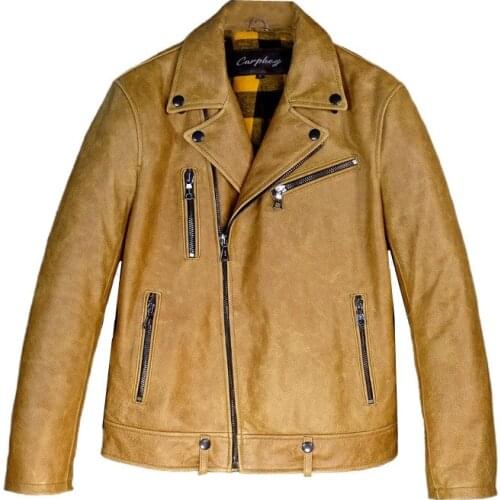 Batik Top Layer Cowhide Lapel Diagonal Pull Slim-Fit Motorcycle Leather Jacket Mens Genuine Leather Jacket