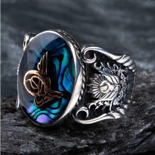 925 Sterling Silver Blue Enamel Ottoman Tughra Mens Ring Blue Exclusive Ring for Men Blue Ring