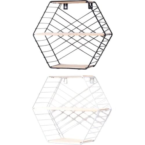 Wall Mounted Floating Shelf Modern Simple Geometry Wood Metal Wire Hexagon Plant Flower Storage Shelves Display Perfect Decor