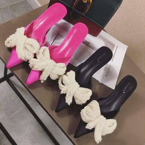 Women Mules Slippers Med Heel Sandals Summer Slip On Slides Brand Butterfly Loafers Flip Flops Shoes Elegant Pointed Outdoor