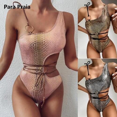 Para Praia 2020 Bandage One Piece Swimsuit Cut Out Swimwear Silver One Shoulder Monikini Beachwear Women Sexy Bathing Suit