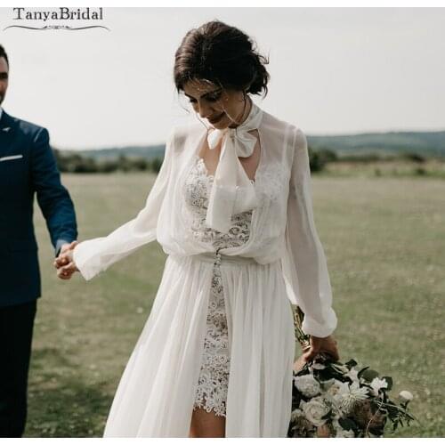 Symphony Dreamy Wedding Dresses Short lace Bridal Gowns With Chiffon Cape Bohemian Unique Vestido de Noivas Boho fashion DW115