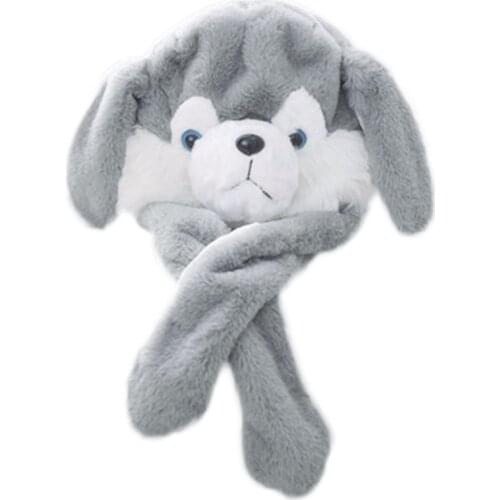 Light Up Husky Plush Animal Hat with Moving Ears Funny Puppy Dog LED Glowing Earflap Cap Stuffed Toys Cosplay Photo Prop