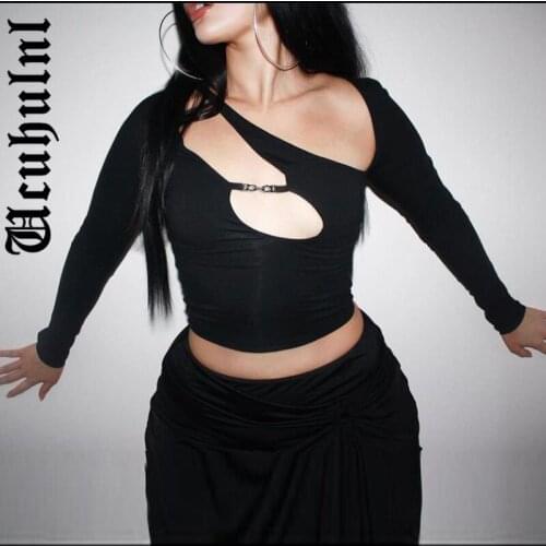 Ucuhulnl Dark Punk Sexy Hollow Out T-shirt Women Streetwear Harajuku Grunge Aesthetic Solid Long Sleeve Bodycon Slim Crop Tee