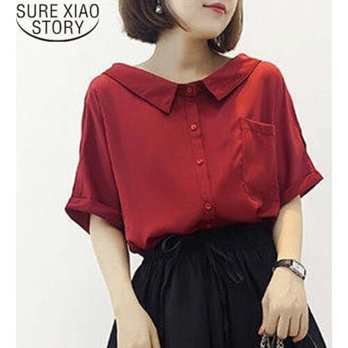 2020 Summer New Loose Slim Fit Short Sleeve Chiffon Blouse Women Korean Style Doll Collar Hipster Shirt Fashion Blusas 8918 50
