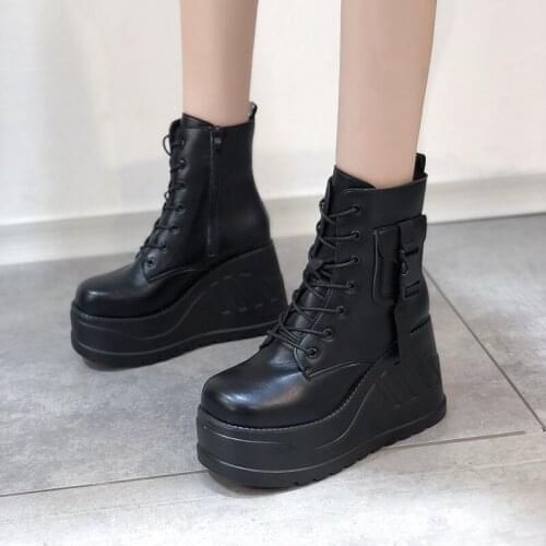 Brand Punk Goth Platform Motorcyle boots Wedges Womens Boots Lace Up Trendy INS Hot Sale Chain 2021 Casual Luxury Womens Shoes