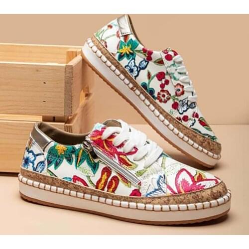 New Women Sneakers Elegant Floral Printed Lace Up Female Flat Shoes Fashion Round Toe Lady Vulcanized Shoes Women Casual Shoes