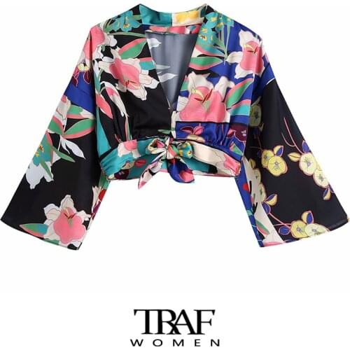 TRAF Za Women Fashion With Knot Floral Print Crop Blouses Vintage Three Quarter Sleeve Side Zipper Female Shirts Chic Tops