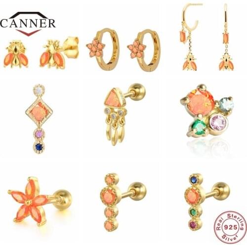 CANNER 925 Sterling Silver Orange Crystal Zircon Small Ear Stud Earrings for Women Birthday Gift Huggie Piercing Earring Jewelry