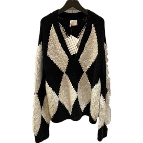 2021 New Autumn Fashion Female Sweater High Quality Loose Women Sweater Argyle V Neck Casual Elegant Ladies Sweater T670