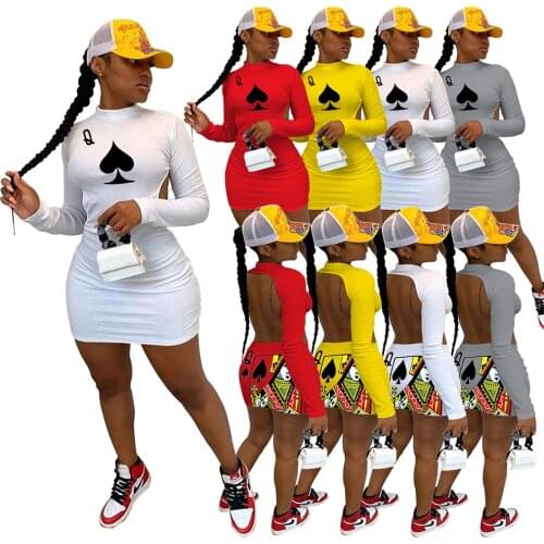 Women Black Queen Poker Card Open Back Long Sleeve Midi Dress Sexy Bodycon Skinny Party Night Club Mini Pencil Dresses Vestidos