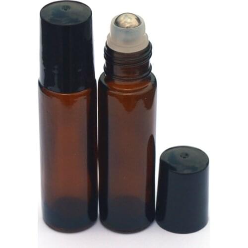 1pcs 10ml Amber Glass Vial Roller Empty Fragrance Perfume Essential Oil Jar 10 ML Roll-On Black Plastic Cap Bottle