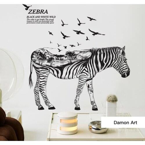 123*122CM Wall Sticker Zebra Grassland Poster Black And White Simple Nordic Fashion Animal Stickers TV Background Wallpaper