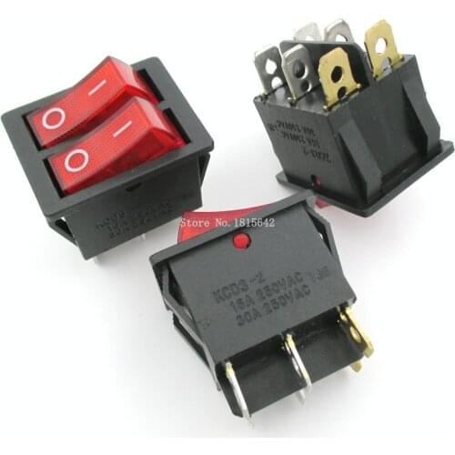 2PCS/LOT Double Boat Rocker Switch 6 Pin On-Off With Red Light 20A 125VAC KCD3