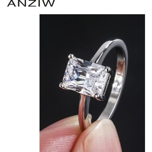 ANZIW Sterling Silver Radiant Cut Created SONA Diamond Simple Solitaire Engagement Ring For Women Jewelry Gifts Adjustable