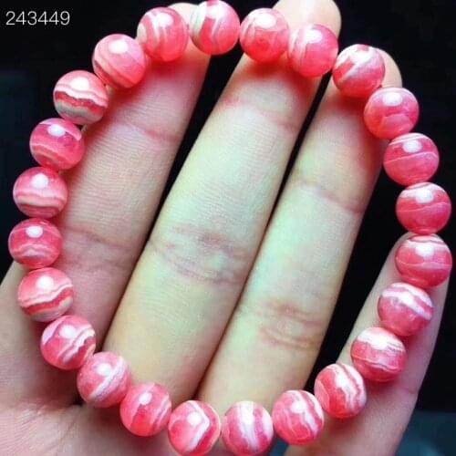 Natural Red Rose Rhodochrosite Gemstone Crystal Bracelet 7.8MM Clear Round Beads Stretch Women Fashion Jewelry AAAAA