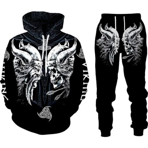Autumn Winter 3D Viking Warriors Printed Mens Hooded Sweater Set Mens Sportswear Tracksuit Long Sleeve Mens Clothing Suit