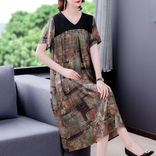 Summer Vintage Print Mulberry Silk Dresses 2021 Loose 4XL Plus Size Casual Patchwork Midi Dresses Elegant Women Party Vestidos