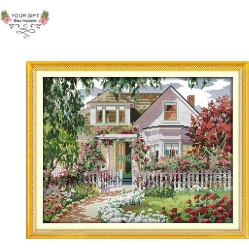 Joy Sunday Garden Villa Home Decor F452 14CT 11CT Counted Stamped Flower House Needlepoints Embroidery Cross Stitch Kit