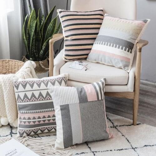 Geometric Embroidered Cushion Cover Pink Grey Pillowcase Canvas Cotton Square Embroidery Pillow Cover 45x45cm Home Decor