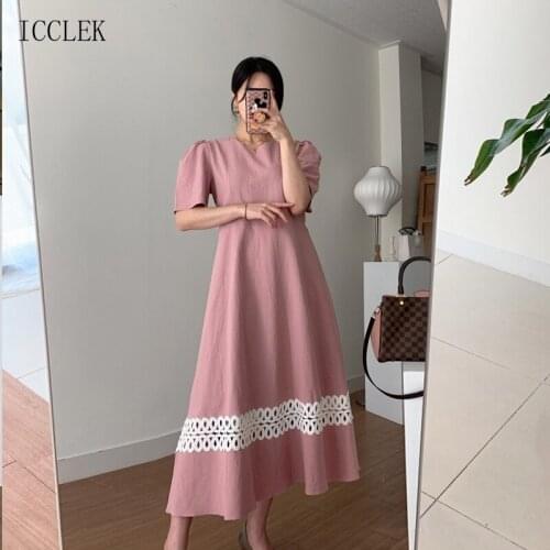 New 2021 Summer Womens Dress Korean One-Piece Fashion O-Neck Dress Ladies Dress French Elegant Lace Loose Street Dress 8195