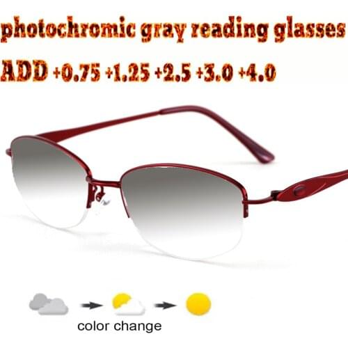 Halfrim Photochromic Gray Reading Glasses Comfortable Alloy High Quality for Ladies+1.0 +1.5 +1.75 +2.0 +2.5 +3 +3.5 +4