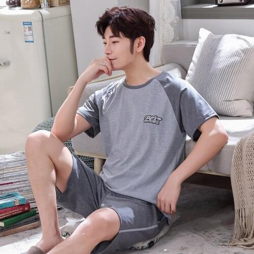 Summer Mens Pajamas 100%Cotton Letter O-Neck Cartoon Pajama Sets Short-sleeve Casual Men Pyjamas Plus Size L-XXXXL Pijama Hombre