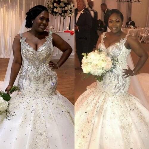 Mermaid Plus Size Wedding Dresses 2021 Luxury Beaded Crystal V-neck African Nigerian Chapel Train Trumpet Wedding Gown