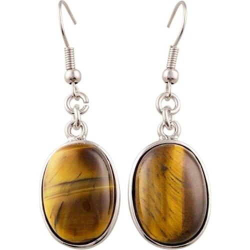 FYJS Unique Anniversary Gift Silver Plated Oval Shape Tiger Eye Stone Drop Earrings Rose Pink Quartz Jewelry