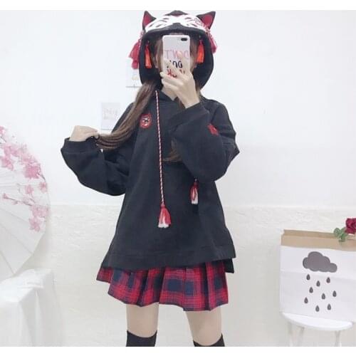 Cute Japanese Style Womens Hooded Pullover Winter Fall Long Sleeve Hoodies 2 Types Cashmere Sweatshirt Girls 2018 Autumn