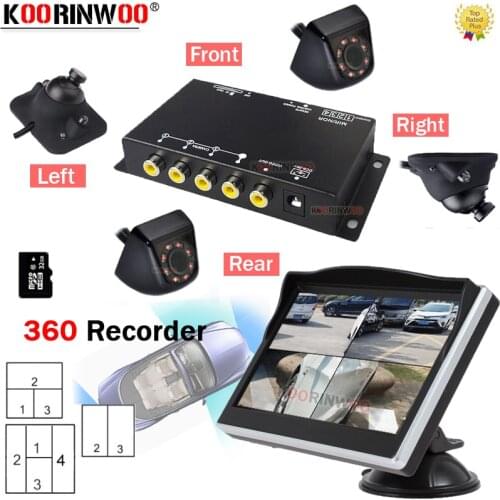 Koorinwoo Full Kit Car Dash 360 DVR Recorder Monitor Video Split Box SD Combiner Left Right Rear Trunk Front Camera Night Vision