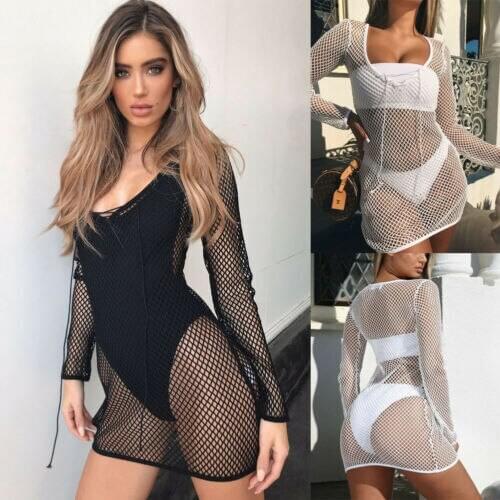 Women Bikini Cover Up Fishnet Hollow Long Sleeve Tops Beach Dress Swimwear Swimsuit Bathing Suit Beach Cover Up Dress