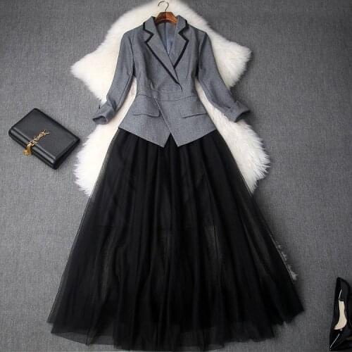 European and American womens wear autumn 2018 The new Seven - point sleeve lapel Stitching net yarn Slim dress