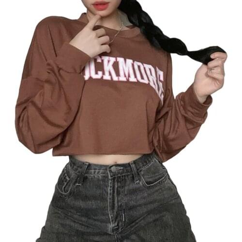 Women Casual Crop Tops, Adults Letter Print Long Sleeve Round Neck Sweatshirt (Brown)