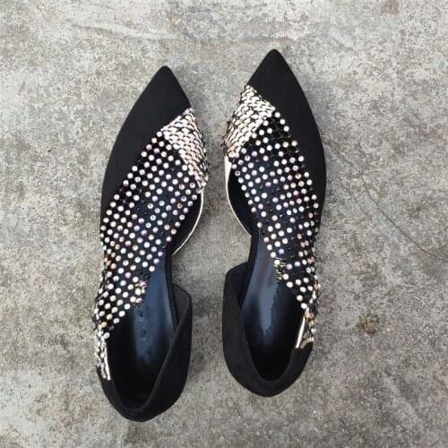 Rhinestone Hollow Flat Shoes Sexy Reticular Splicing Shoes Woman New Shallow Mouth Single Shoes Fashion Pointed Toe Ladies Shoes
