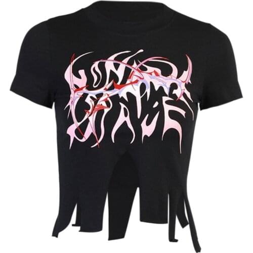 Women Gothic Punk Short Sleeve Crop Top Ragged Irregular Distressed Hem T-Shirt Graphic Flame Print Harajuku Streetwear