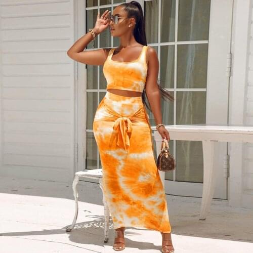 2 Pieces Suit Set Women Tie-Dye Print U-Neck Sleeveless Crop Top Long Skirt Women Clothes Set