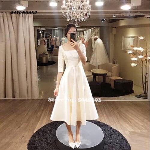 Simple Tea Length Wedding Dress Half Sleeves White Ivory Bridal Gowns Vestido De Novia Cheap A-Line Robe Mariage Online Shop