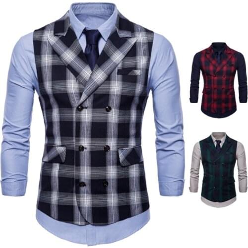 Spring/summer new plaid mens business suit waistcoat European size fashion double breasted waistcoat men