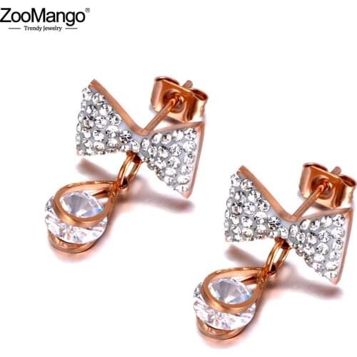 ZooMango Sparkling Titanium Stainless Steel Rhinestone Bowknot Earrings Fashion CZ Crystal Earrings For Women Girls ZE20029