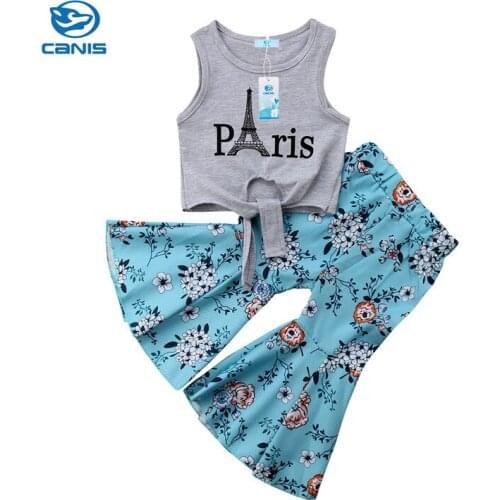 2018 Fashion Design Summer Fashion Toddler Baby Girls 2PCS Sleeveless Letter Belt Vest Tops Floral Print Bell-bottom Pants Sets