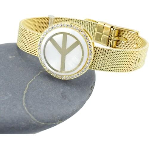 Peace Sign Against War Aircraft Shell AAA Zircon Charm Bracelet for Woman Man Mesh Stainless Steel Strap Bangle Jewelry Gift