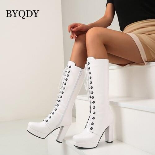 BYQDY Women Lacing Knee High Boots Fur Inside Warm Winter Boots Fashion Black Square Heel Thick High Heels Shoes Platform Shoes