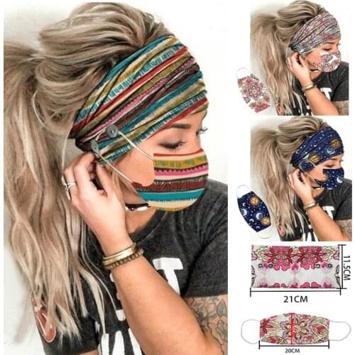 CANZE 2Pcs/set Button Head Band Mask Turban Hair Accessories Soft Yoga Sports Elastic Fashion Hair Band with Mask Unisex